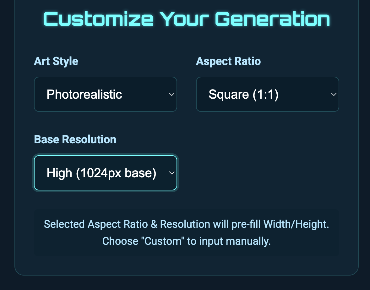 GenAura AI image customization panel for art style, aspect ratio, and resolution